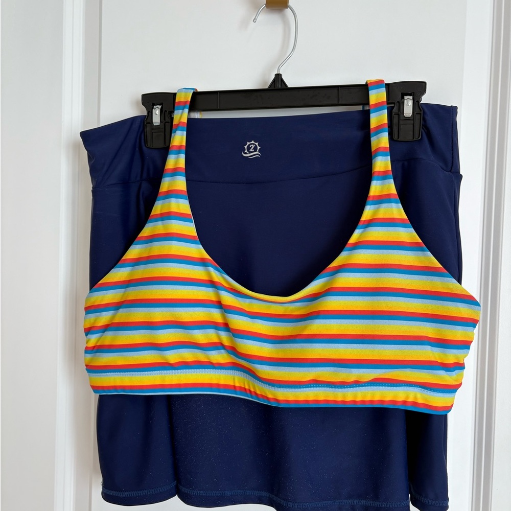 Swimzip Colorful Striped Sports Bra and Navy Skirt Bathing Suit Set
